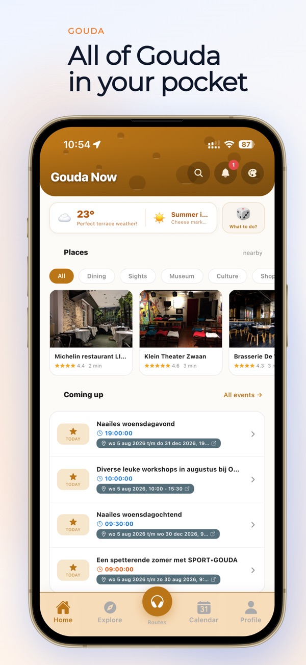 Gouda Now — startscherm met plekken en aankomende evenementen